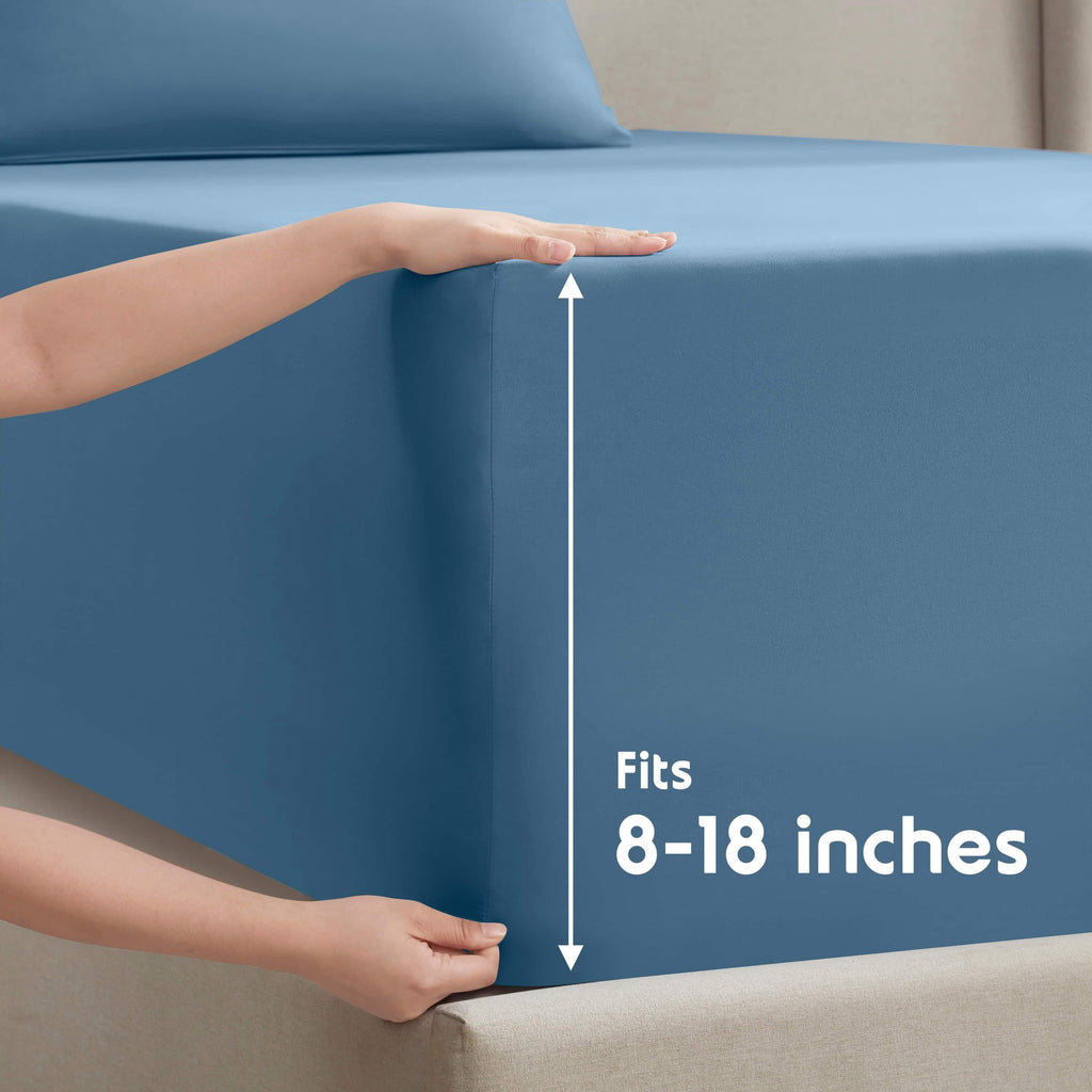 Wrinkle-Resistant Split King Sheet Sets, Deep Pocket 5 Piece, Luxury Soft Microfiber Bed Sheet Sets, BLUE HEAVEN - Breathable Egyptian Cotton Flat & Fitted Sheets Detail