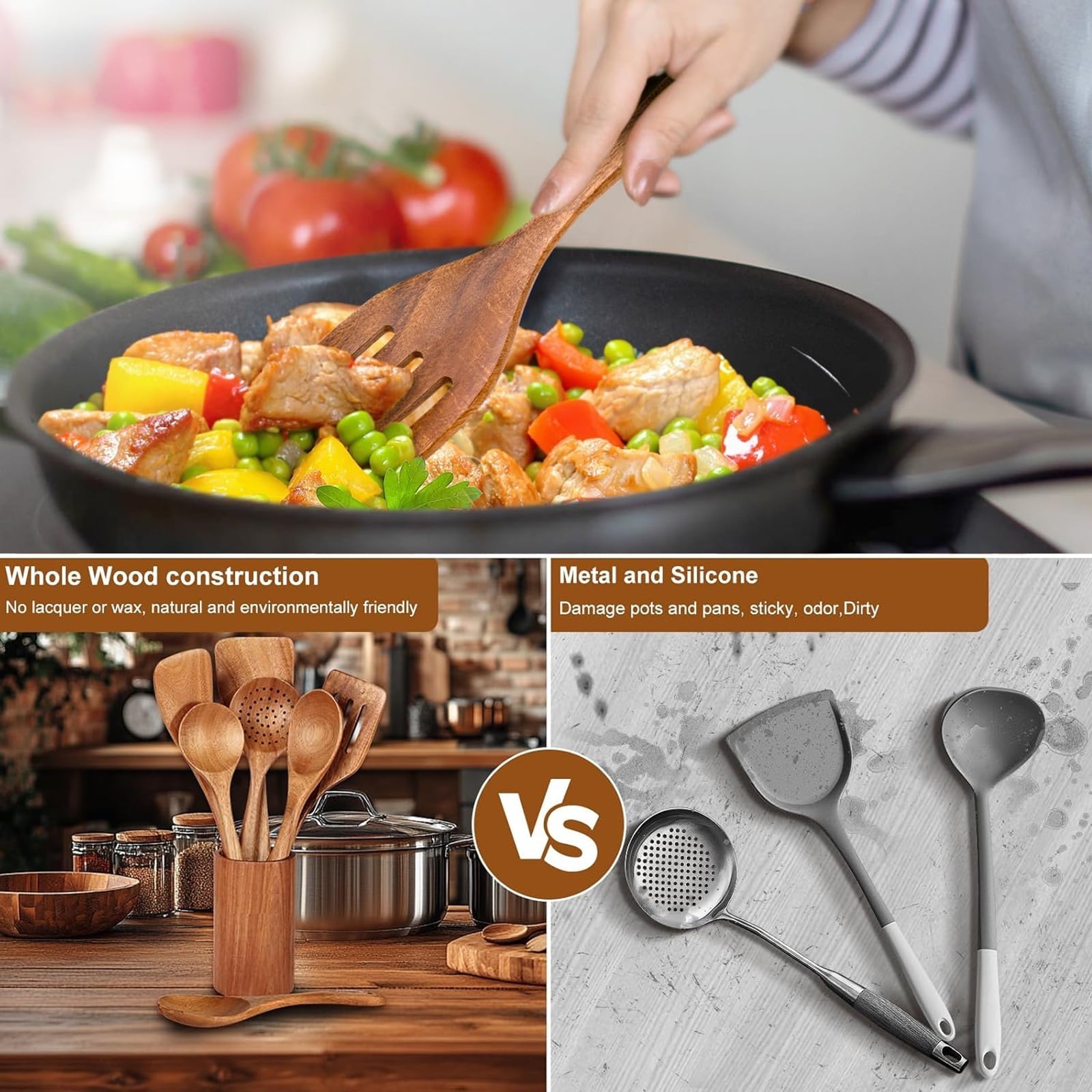 Heat-Resistant Wooden Spoons for Cooking, 8 Pcs Natural Teak Wooden Utensils Set, Non-Stick & Heat Resistant Durable Wood ... - Heat-Resistant Silicone Cooking Spatula Turner Detail
