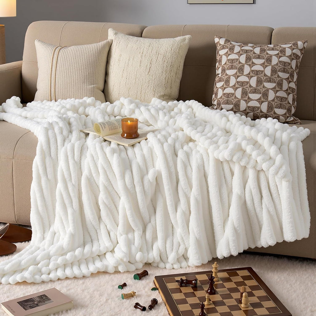 Decorative Knitted Throw Blanket for Couch,Bed,Sofa,White Flannel Blanket,Soft Throw Blanket ,Gifts for Women Mom Girls,Throw Home Room ... - Lightweight Plush Warm Blanket for All Seasons Detail