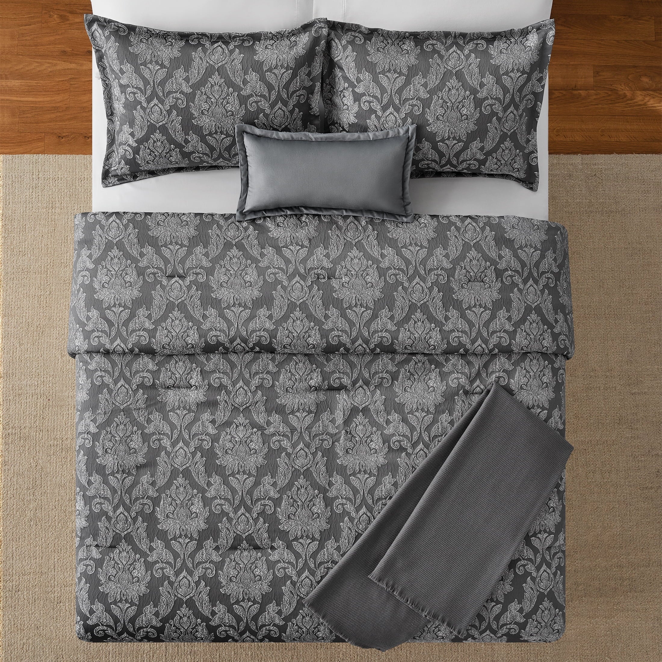Hypoallergenic Cloud Full/Queen Comforter Set, All-Season, 5-Piece, Grey Jacquard Damask - Hypoallergenic Ultra-Fluffy Quilt for Winter Detail