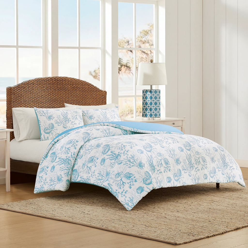 Fluffy Down Alternative 3-Piece Lightweight 100% Cotton Blue & White Ocean Print Comforter Set, Full/Queen - Luxurious Quilted Duvet Cover Set Detail