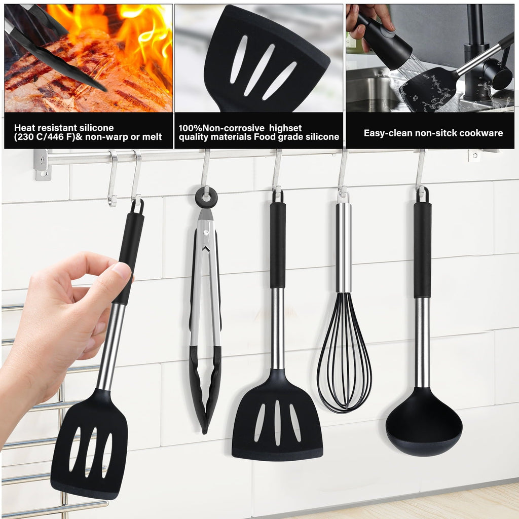 Heat-Resistant Silicone Cooking Utensils Set, 26 Pcs, Heat Resistant Kitchen Utensils Set, Black - Heat-Resistant Silicone Cooking Spatula Turner Detail