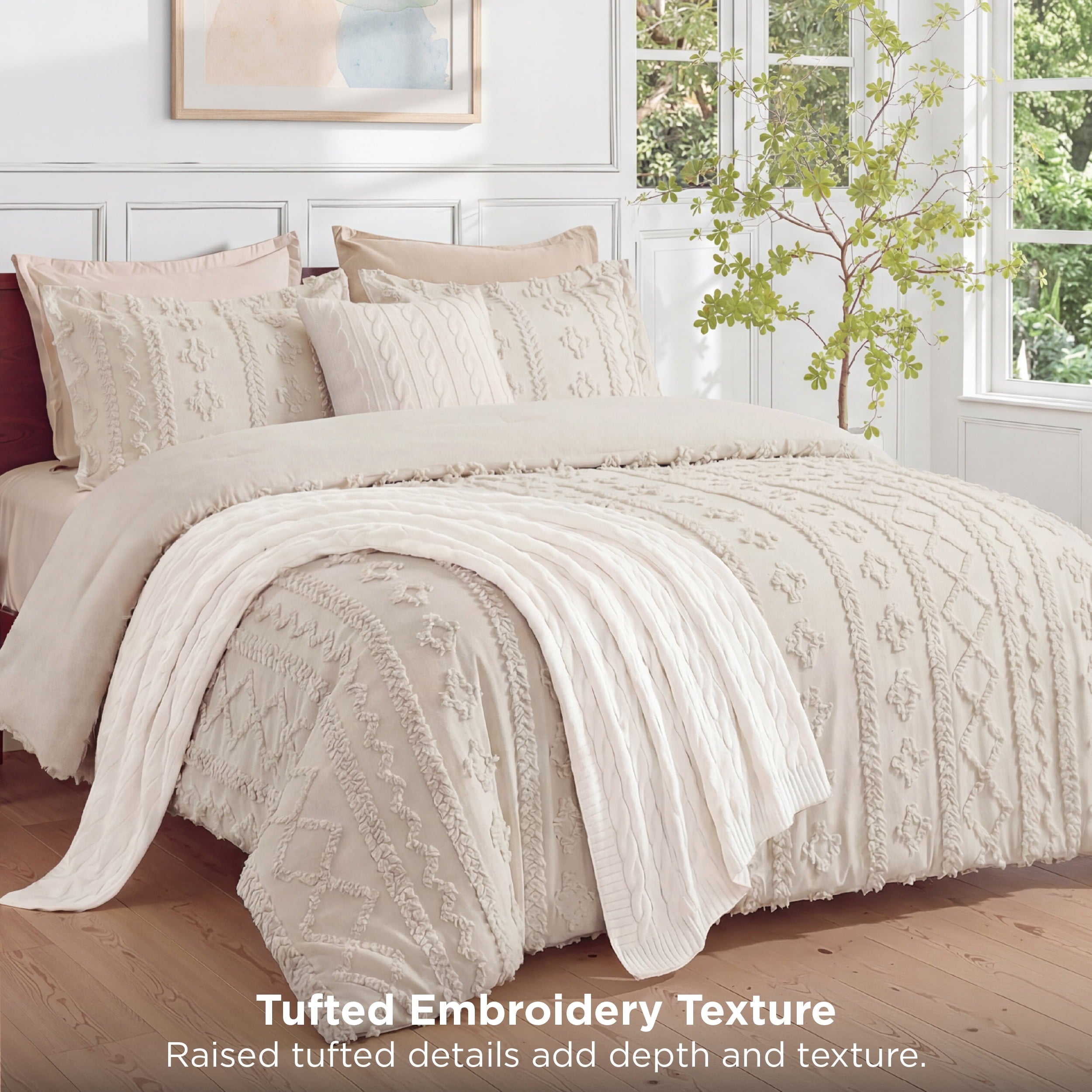 Hypoallergenic Cloud Tufted Boho Comforter Set Queen, Beige, 3 Pieces Farmhouse Shabby Chic Embroidery Bedding Set, Soft Jacquard Comforte... - Hypoallergenic Ultra-Fluffy Quilt for Winter Detail