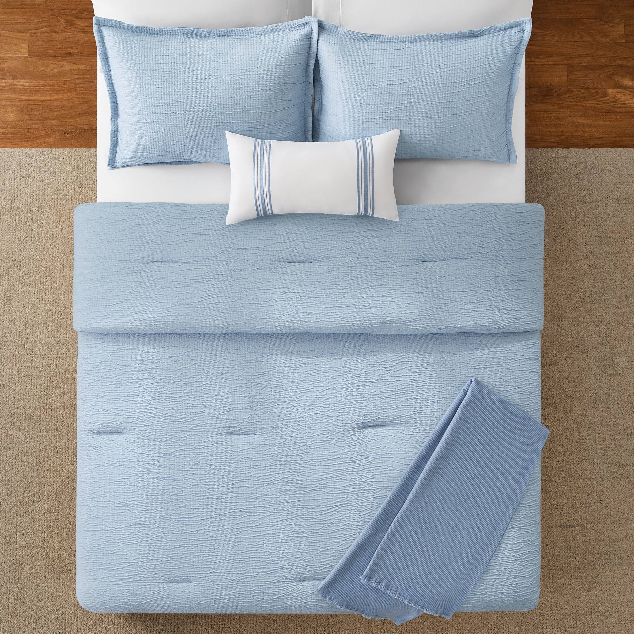 Luxurious Quilted Full/Queen Comforter Set, All-Season, 5-Piece, Blue Matelasse Tonal Stripe - Luxurious Quilted Duvet Cover Set Detail