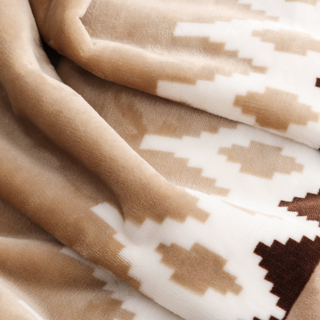 Decorative Knitted Printed Velvet Plush Reverse to Faux Fur Super Soft Throw Blanket, Oversized, Linder Border Beige - Cozy Fleece Throw Blanket for Couch & Bed Detail
