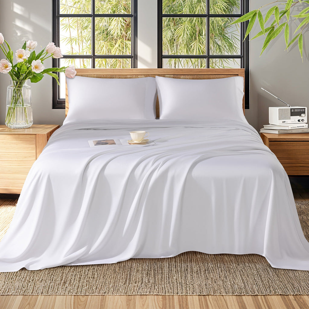 Cooling Sateen Bamboo Sheets Set, 4-Piece Queen Sheet Set with 16" Deep Pockets, Soft and Breathable Bed Sheets, White - Premium Ultra-Soft Pillowcase Pair for Sleeping Detail