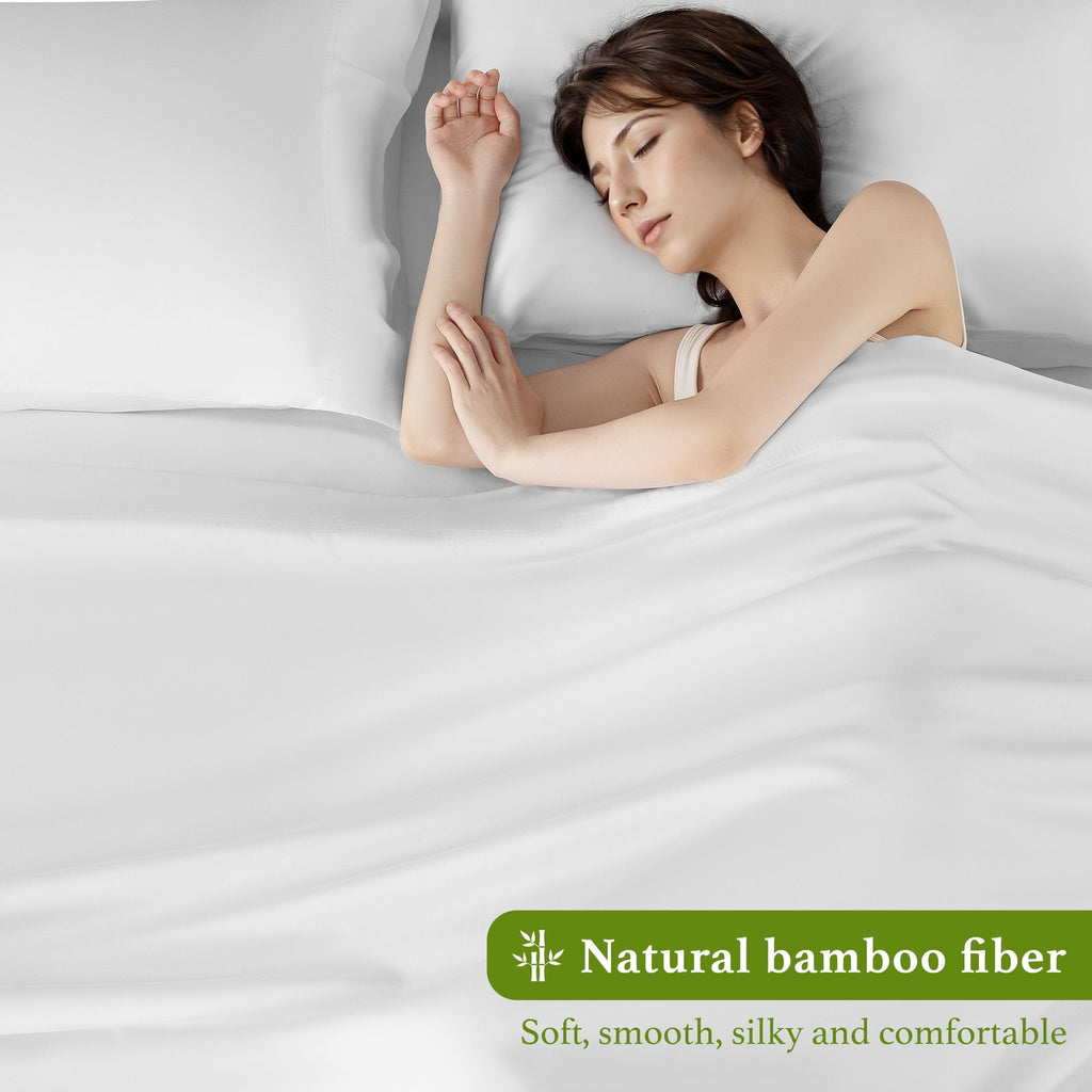 Cooling Sateen Bamboo Sheets Set, 4-Piece Queen Sheet Set with 16" Deep Pockets, Soft and Breathable Bed Sheets, White - Premium Ultra-Soft Pillowcase Pair for Sleeping Detail
