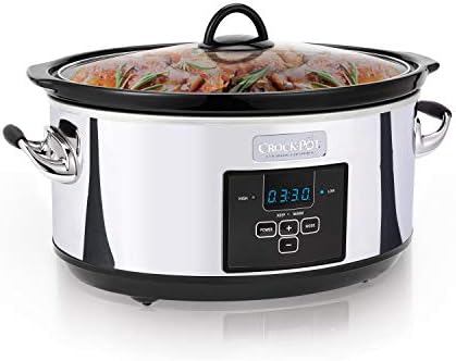 Oval Ceramic Crock-Pot 7 Quart Programmable Slow Cooker – Polished Platinum S23E - Stainless Steel Slow Cooker with Locking Lid Detail