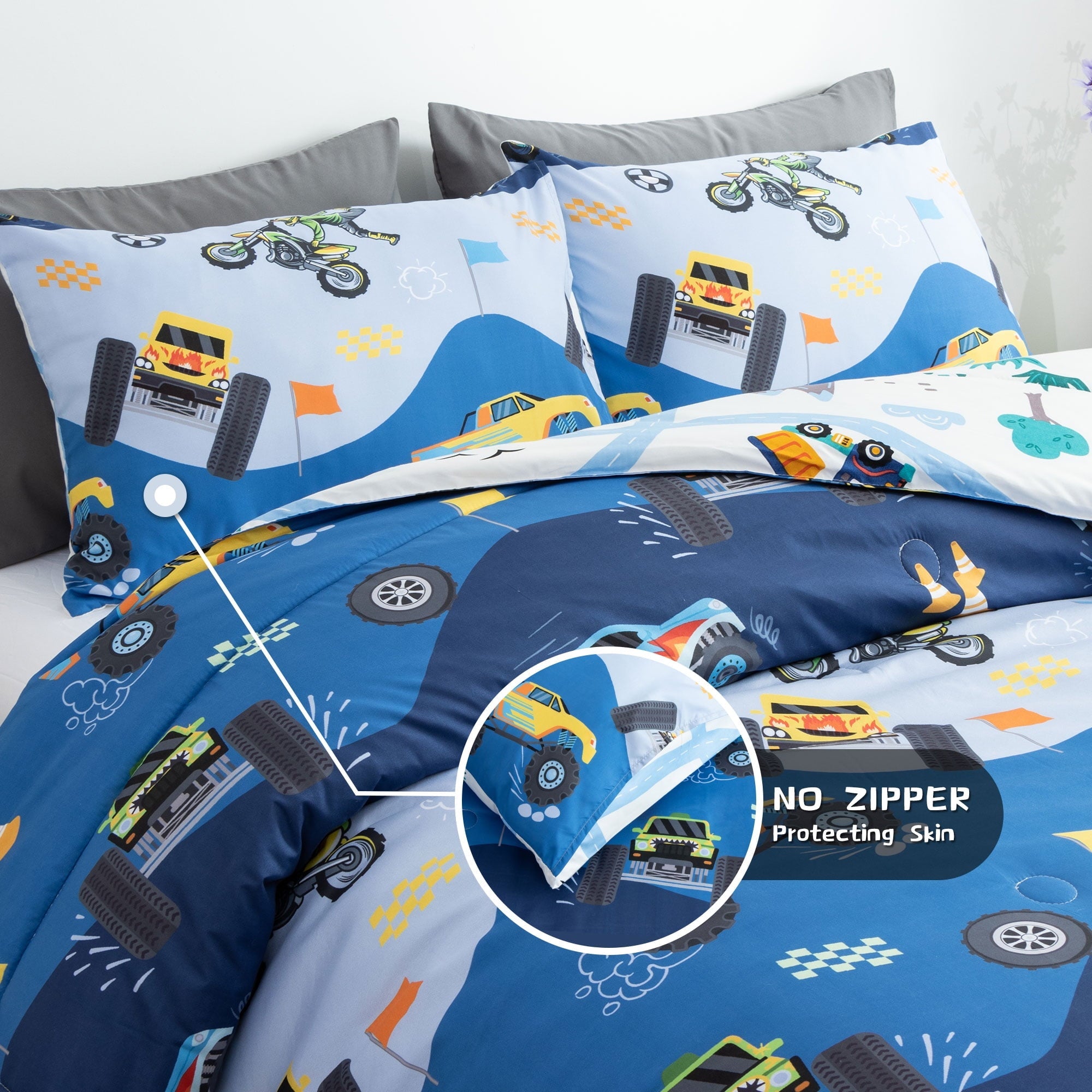Luxurious Quilted 3Pcs Reversible Construction Truck Twin Comforter Set for Boys Kids Excavator Vehicle Motorcycle Bedding Set Blue - All-Season Down Alternative Comforter Insert Detail