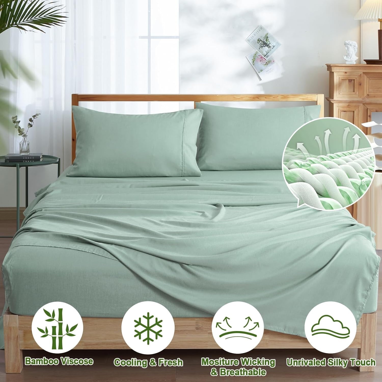 Breathable Luxury Bamboo Bed Sheet Sets, 4 Pieces King Silky Soft Bedding Sheets, 1800 Thread Count 16 Inch Deep Pockets, Sage Green - Premium Ultra-Soft Pillowcase Pair for Sleeping Detail