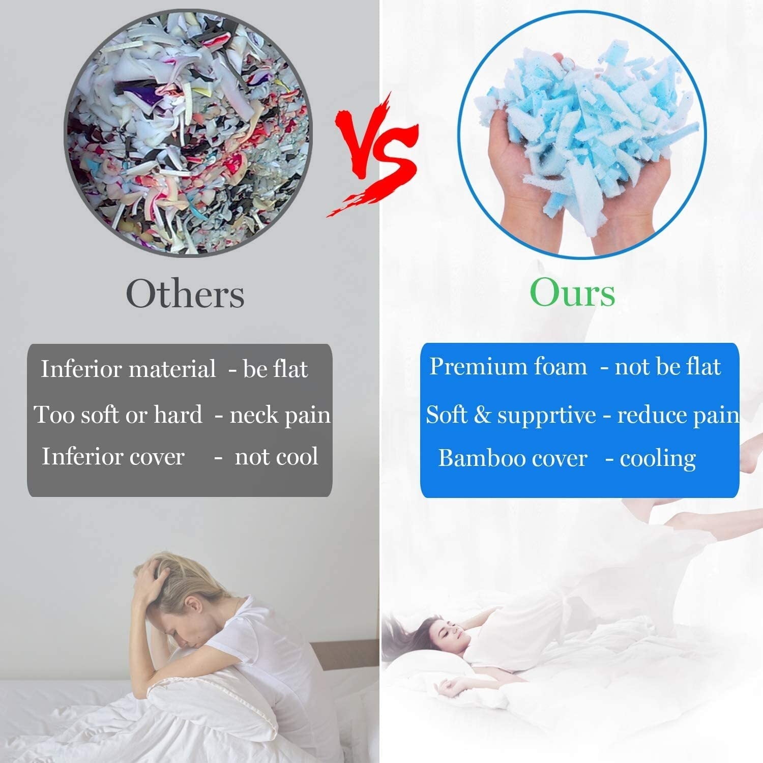 Orthopedic Support Cooling Bed Pillows Queen Size Set of 2, Shredded Memory Foam Pillows for Sleeping 2 Pack, Adjustable Soft Firm Pillo... - Ergonomic Memory Foam Pillow for Neck Pain Support Detail