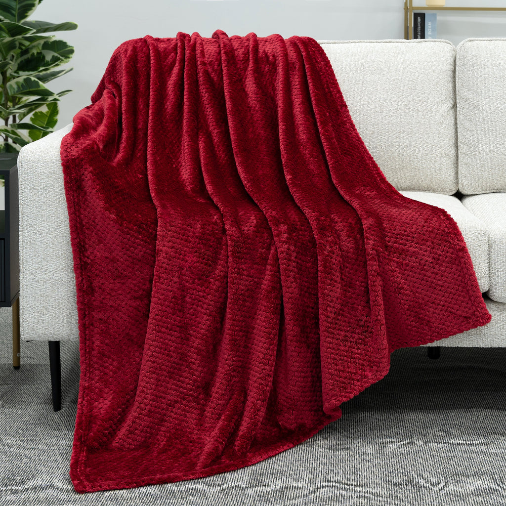 Super Soft Flannel Maroon Red Throw Blanket for Couch, Twin Bed, Soft Fleece Throws for Sofa Chair, Fuzzy Waffle Textured Blanket, Cozy ... - Cozy Fleece Throw Blanket for Couch & Bed Detail