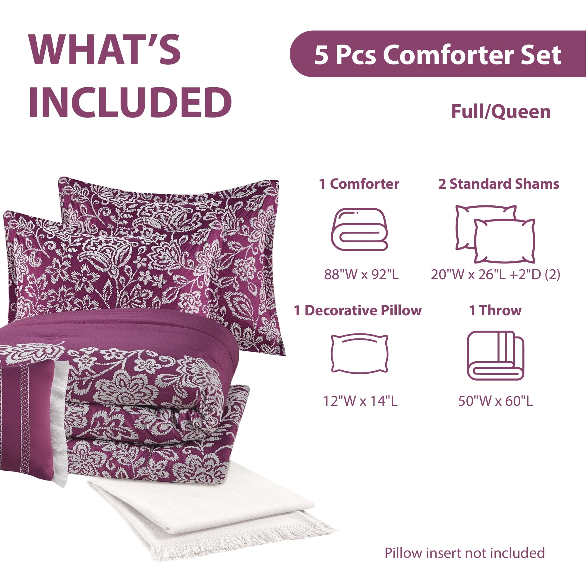 Luxurious Quilted 5-Piece Jacquard Comforter Set with Decor Pillow and Throw Purple Flocking Embroidery Bedding Set, Full/Queen - Hypoallergenic Ultra-Fluffy Quilt for Winter Detail