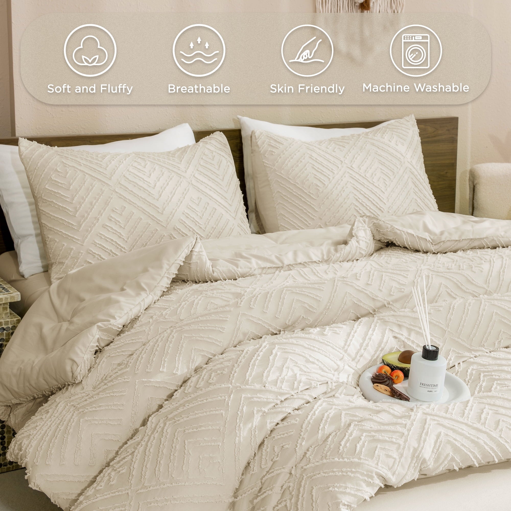 Luxurious Quilted King Size Comforter Sets Beige - 3 Pieces Cream Boho Bedding Comforter Set for King Bed - Soft Fluffy Tufted Textured... - Hypoallergenic Ultra-Fluffy Quilt for Winter Detail