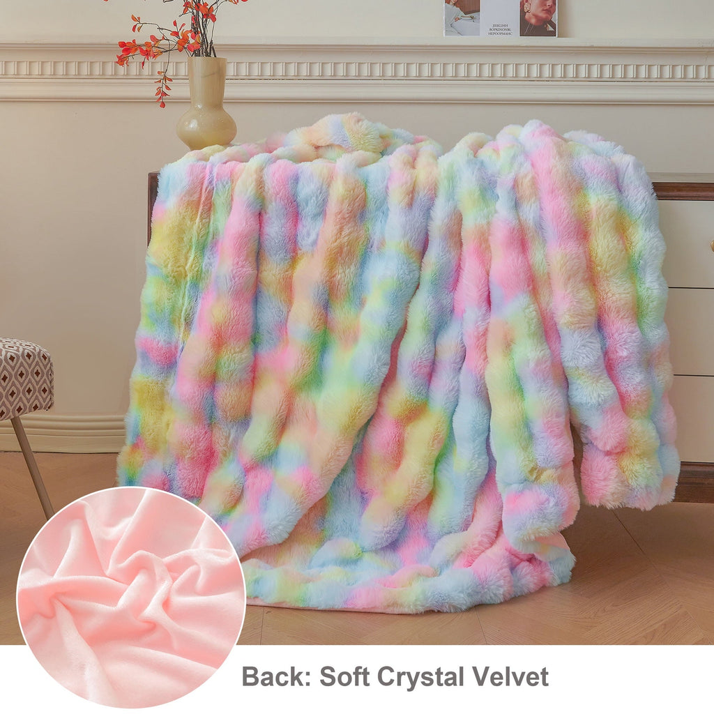 Reversible Sherpa Fluffy Faux Rabbit Fur Bubble Throw, Rainbow Plush Shaggy Blanket for Couch Sofa Chair, Soft Tie Dye Furry Blanket Ad... - Super Soft Reversible Sherpa Flannel Blanket Detail