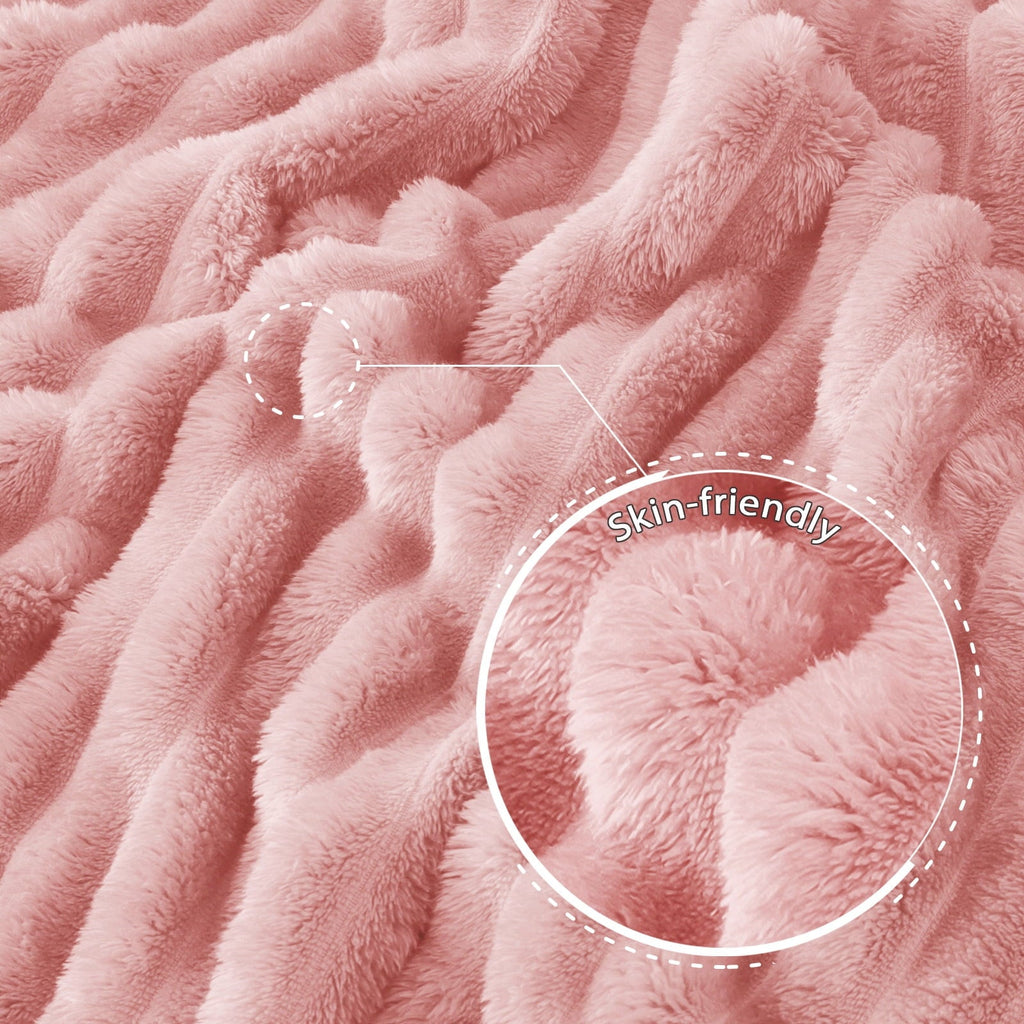 Decorative Knitted Fleece Throw Blanket for Couch, Super Soft 3D Striped Jacquard Blanket, Lightweight Fuzzy Cozy Blankets, Pink, 50"x60" - Luxury Knitted Decorative Throw Blanket with Fringes Detail