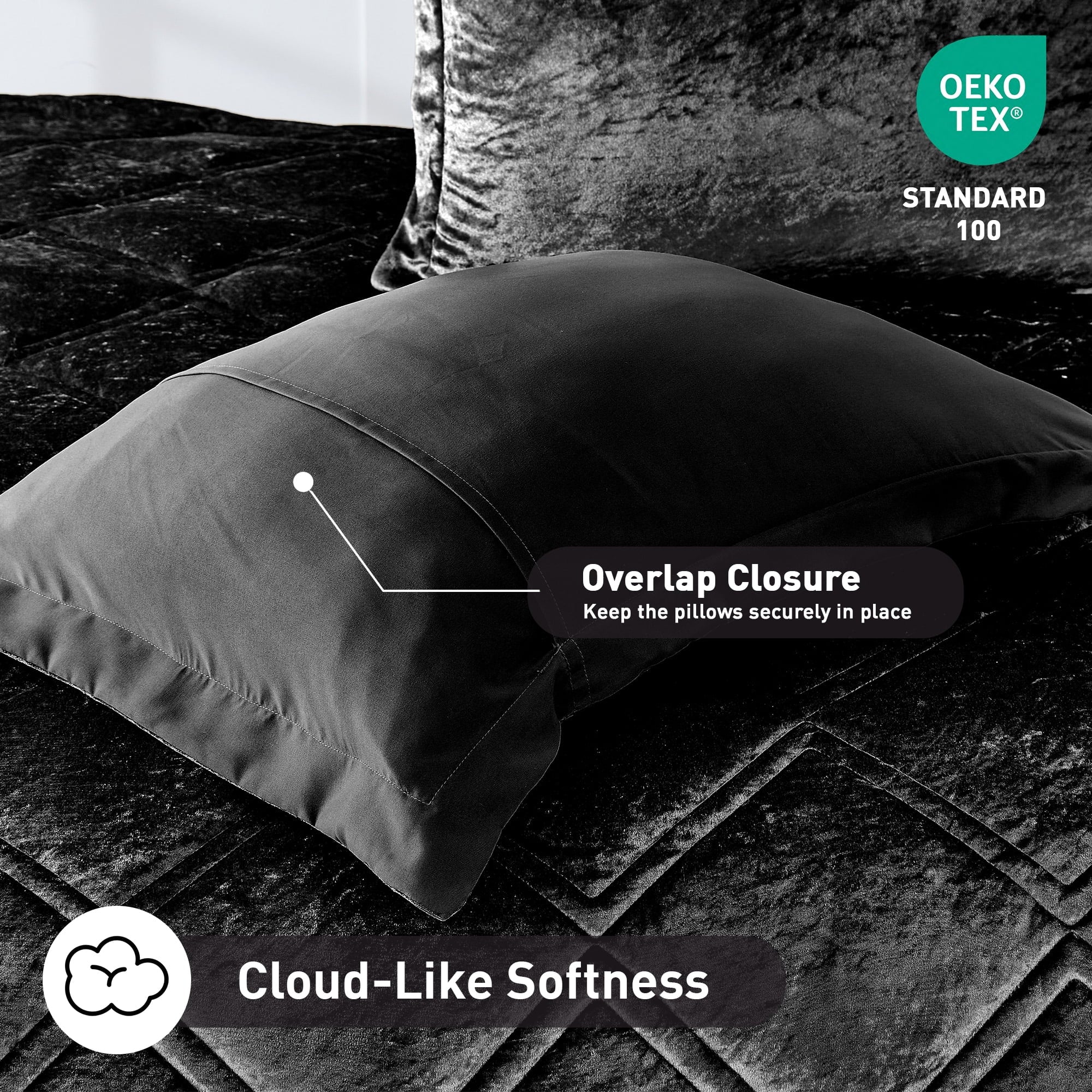Luxurious Quilted King/Cal King Size Comforter Sets, Velvet Bedding Comforter Set for All Seasons, Black Bedding Set with Decor Pillow - Hypoallergenic Ultra-Fluffy Quilt for Winter Detail