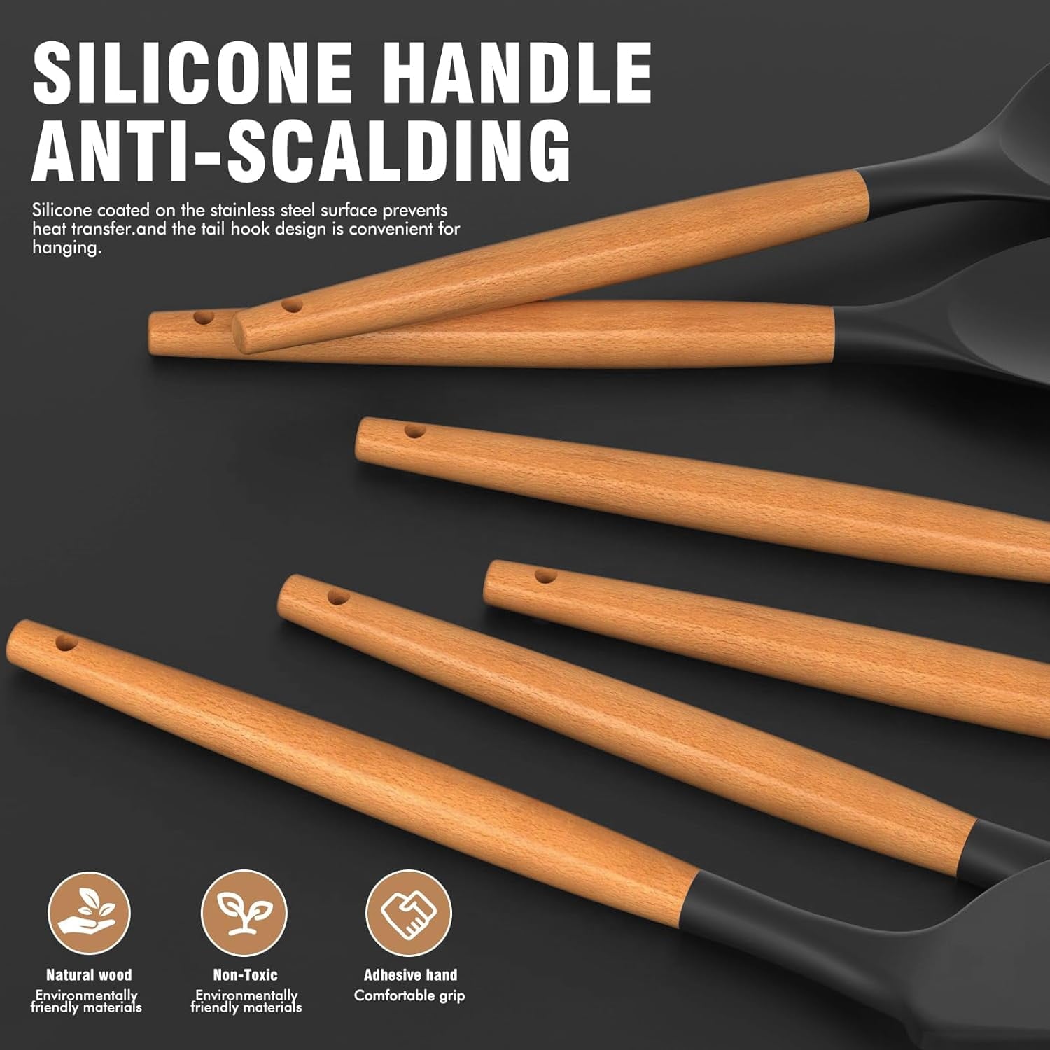 Innovative Silicone Cooking Utensils Set - Silicone Kitchen Utensils for Cooking Wooden Handles, 446°F Heat Resistant Kitchen Ut... - Kitchen Gadget Tool for Quick Food Prep Detail