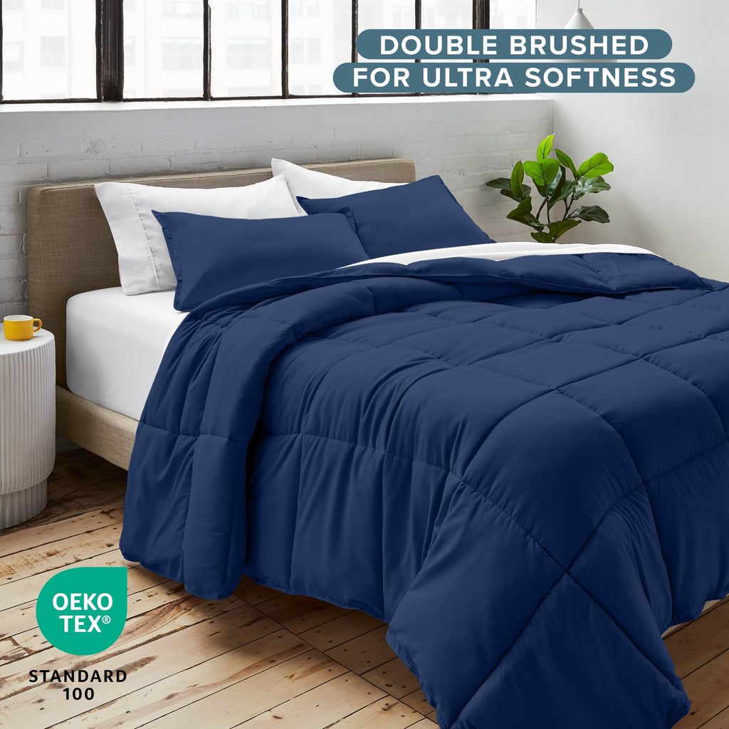 Heavyweight Warmth Down Alternative Comforter Set - 3-Pieces - All Seasons - Queen, Dark Blue - All-Season Down Alternative Comforter Insert Detail
