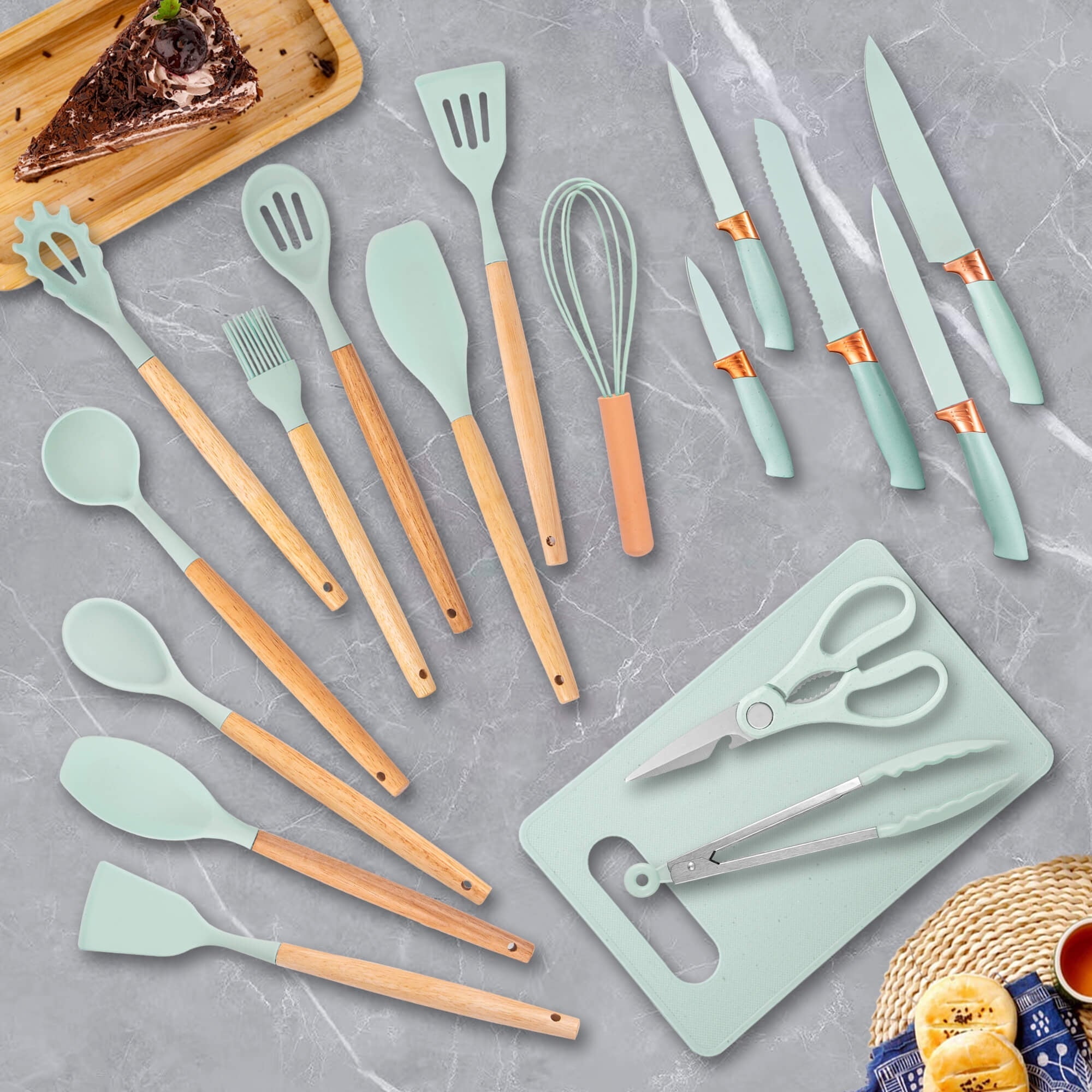Non-Stick Safe 19pcs Silicone Kitchen Utensil Set, Heat-Resistant Non-Stick Easy Cooking Cleaning Home Light-Green - Ergonomic Kitchen Tongs and Cooking Spoon Utensil Detail
