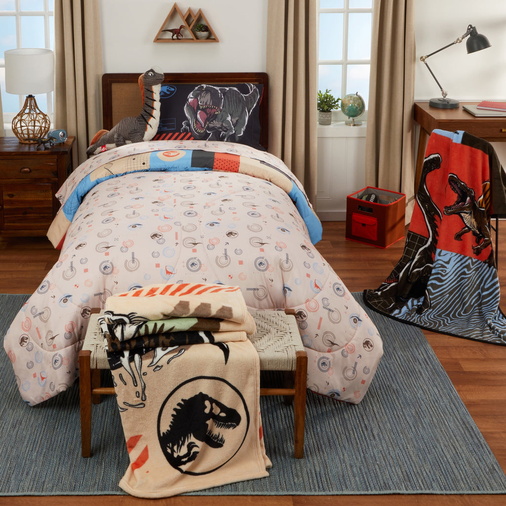 All-Season Kids 2 Piece Blue Orange Reversible Dinosaur Comforter and Pillowcase set, Twin/full - Cloud-Like Soft Lightweight Bed Comforter Detail