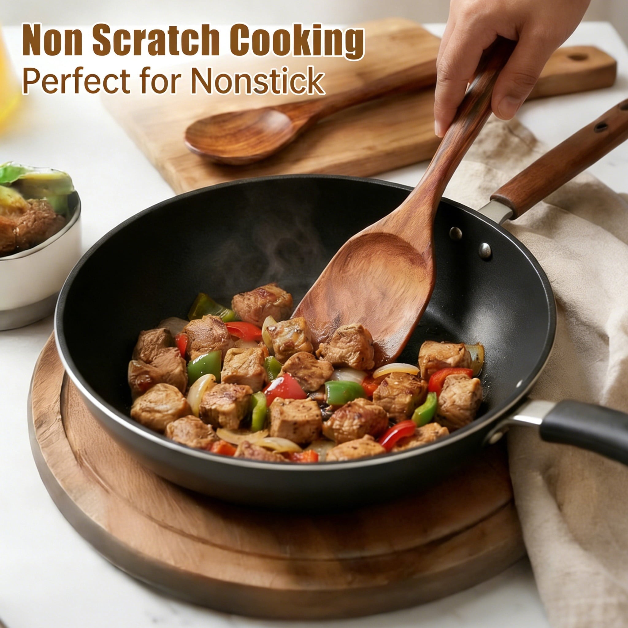 Non-Stick Safe Wooden Spoons for Cooking, 6 PCS Teak Wood Cooking Utensil Set, Wooden Kitchen Utensils for Nonstick Pans & Cookware,... - Heat-Resistant Silicone Cooking Spatula Turner Detail