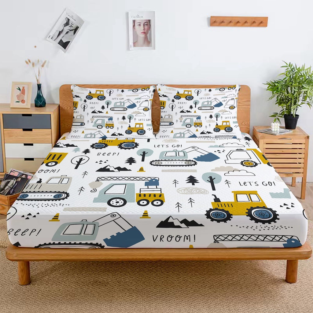 Breathable Luxury Cartoon Excavator Sheet Set for Kids Boys Truck Construction Bedding Set Engineering Vehicle Bed Sheet Sets with 1 Fi... - Luxury Bed Sheet Set with Deep Pockets Detail