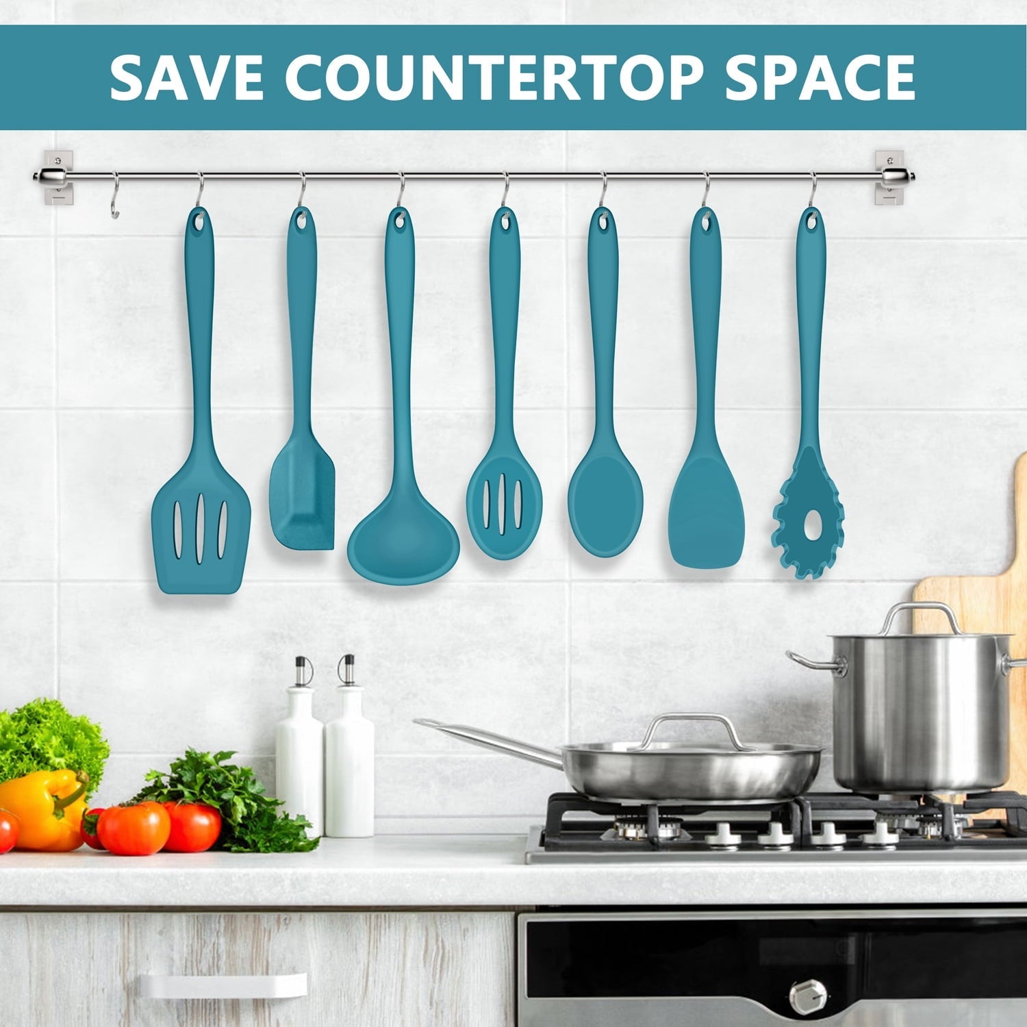 Premium Silicone 7-Piece Silicone Cooking Utensils Set, Blue Kitchen Utensils, Non-stick Gadgets Tools Include Slotted Turner, Soup La... - Ergonomic Kitchen Tongs and Cooking Spoon Utensil Detail