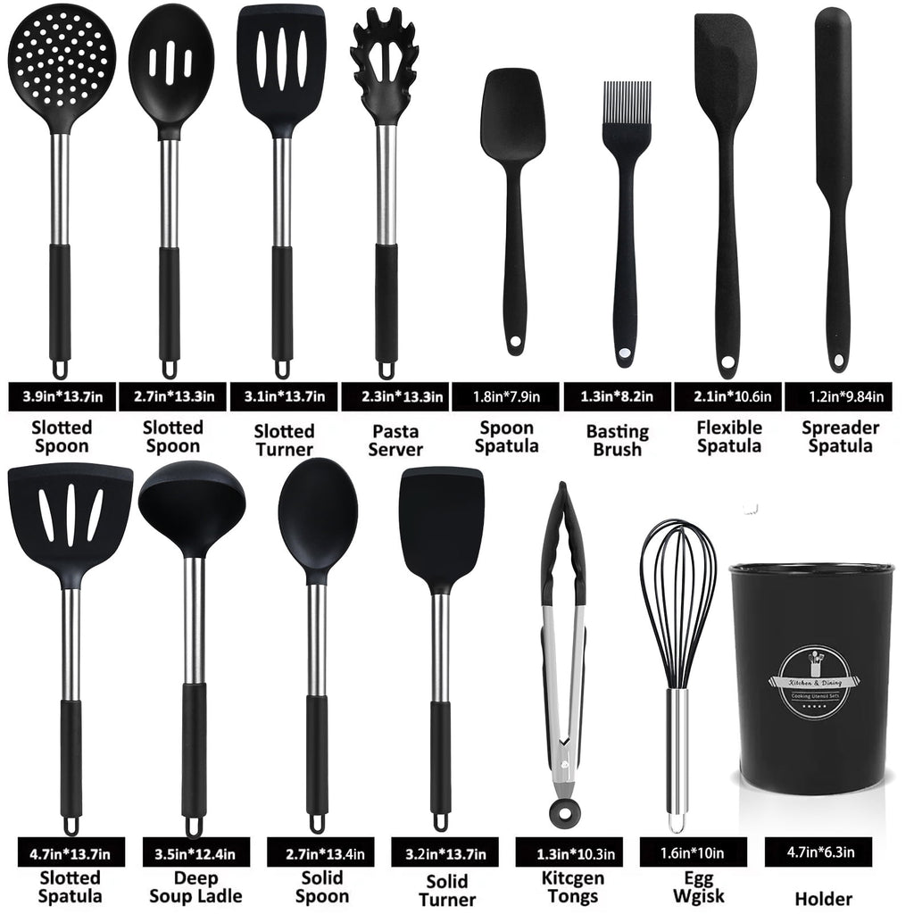 Heat-Resistant Silicone Cooking Utensils Set, 26 Pcs, Heat Resistant Kitchen Utensils Set, Black - Heat-Resistant Silicone Cooking Spatula Turner Detail