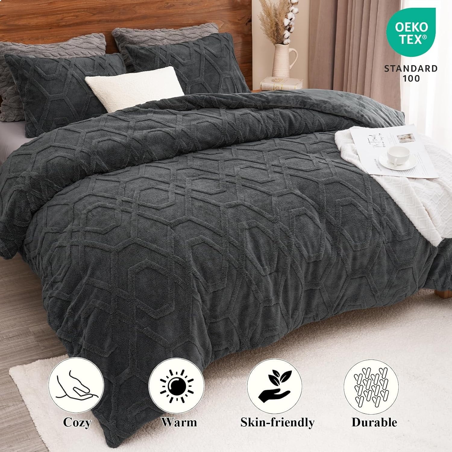 All-Season Warm Sherpa Fleece Queen Comforter Set, 3D Tufted Fluffy Dark Grey Bedding for Winter, Soft 3 Pieces Shaggy Bed Set, ... - All-Season Down Alternative Comforter Insert Detail