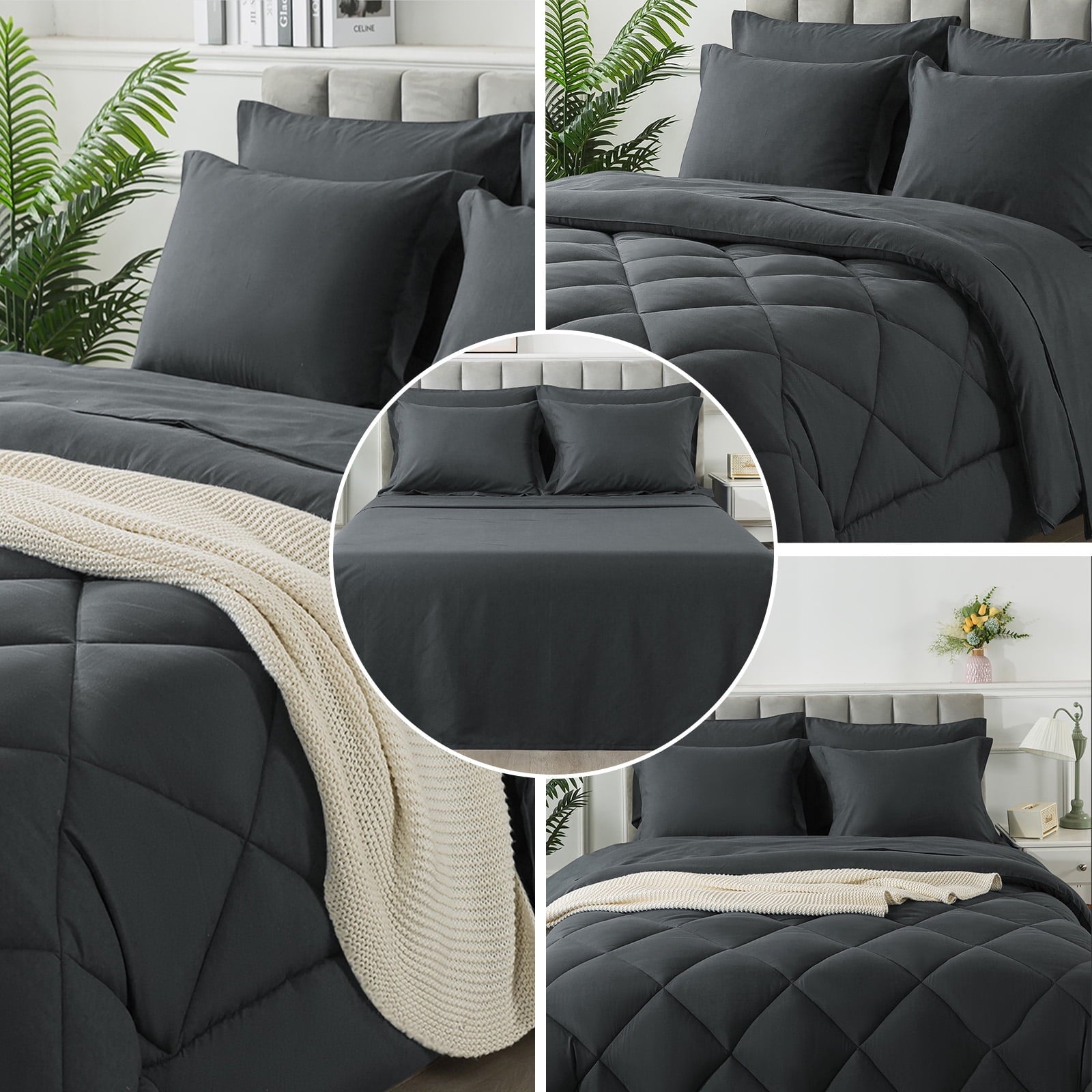 Fluffy Down Alternative Queen Bed in a Bag Comforter Set with 7 Pieces - Dark Gray All Season Bedding Sets with Comforter, Pillow Shams, Flat... - Luxurious Quilted Duvet Cover Set Detail
