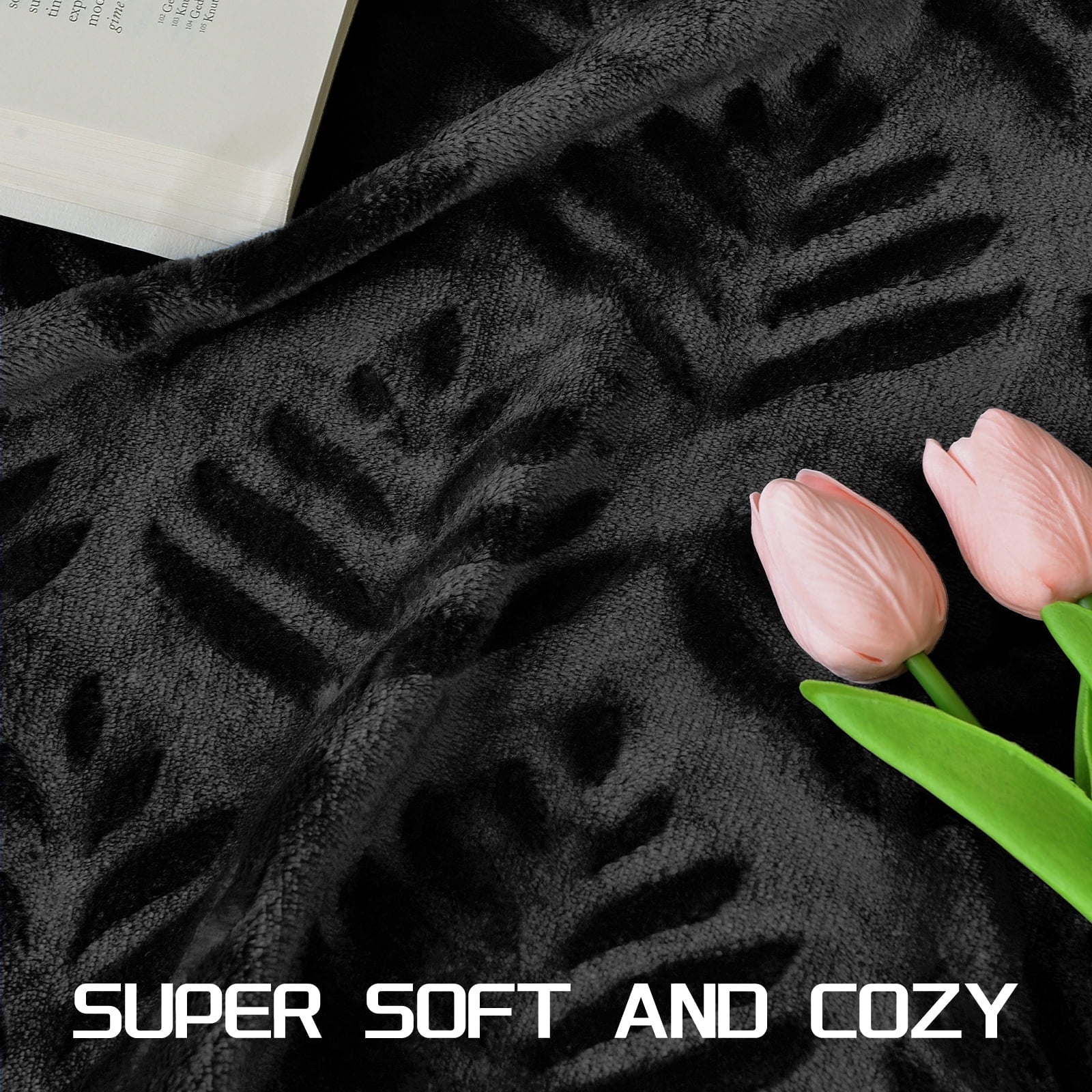 Reversible Sherpa Fleece Throw Blanket for Couch, Leaves Pattern Super Soft and Cozy Blankets, Plush Fuzzy Lightweight, Black, 50"x60" - Lightweight Plush Warm Blanket for All Seasons Detail