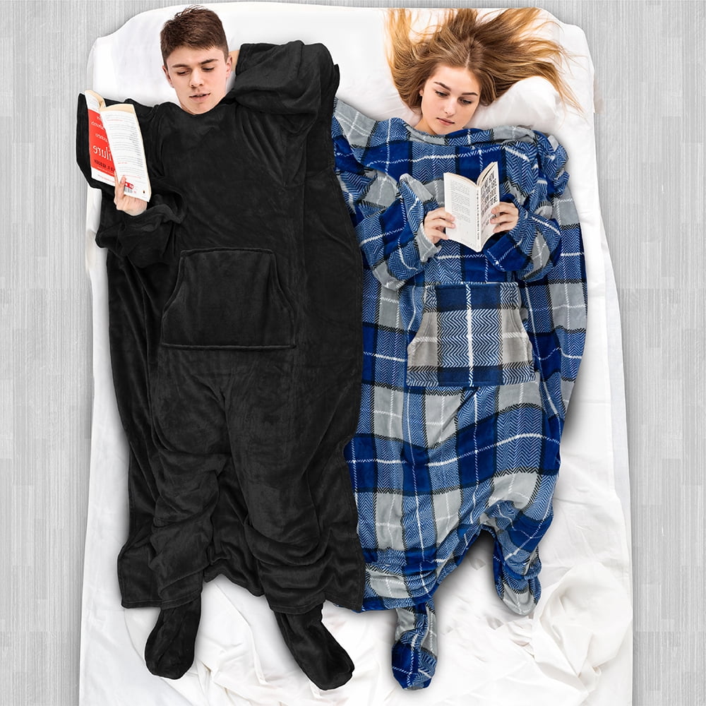 Decorative Knitted Fleece Blanket with Sleeves, Foot Pockets for Women Men Adults, Plush Wearable Blanket Throw Wrap, Warm Snuggle Blank... - Luxury Knitted Decorative Throw Blanket with Fringes Detail