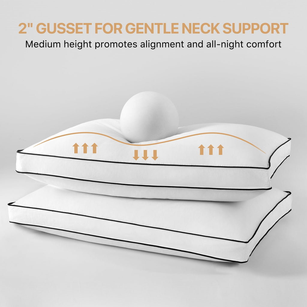 Ergonomic Memory Foam Gusseted Feather Down Pillow Set of 2, Medium Firm Hotel Bed Pillows 2 Pack, Queen Size for Side Sleepers, 20 x 30 in - Ergonomic Memory Foam Pillow for Neck Pain Support Detail