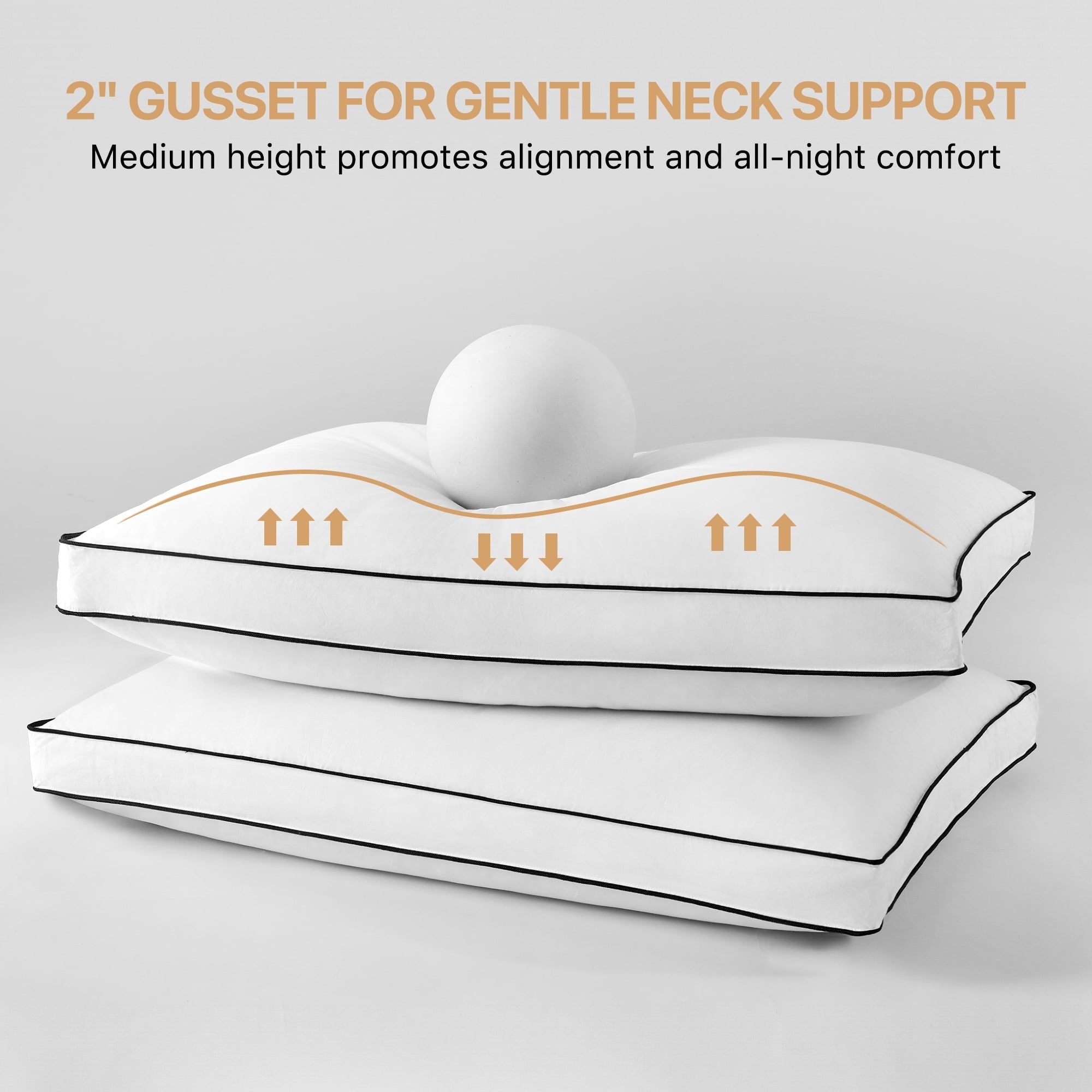 Ergonomic Memory Foam Gusseted Feather Down Pillow Set of 2, Medium Firm Hotel Bed Pillows 2 Pack, Queen Size for Side Sleepers, 20 x 30 in - Ergonomic Memory Foam Pillow for Neck Pain Support Detail