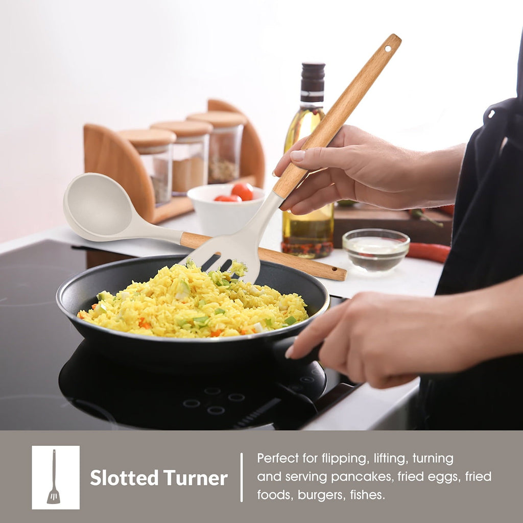 Ergonomic Cooking Kitchen Utensils Set of 6, Silicone Cooking Utensils with Wooden Handle, Non-Stick Cookware & Heat Resistant, Include... - Heat-Resistant Silicone Cooking Spatula Turner Detail