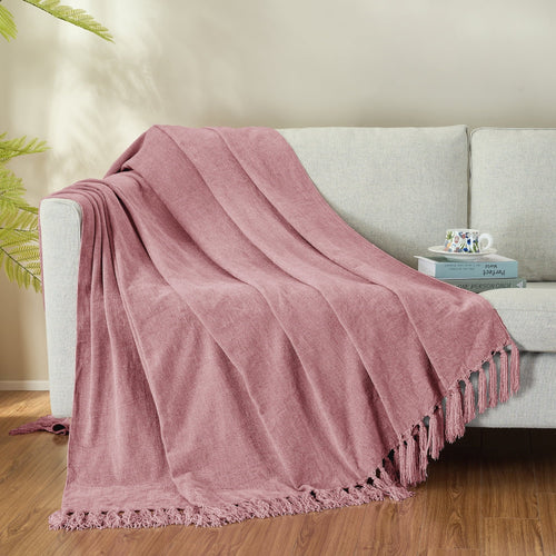 Cozy Fleece Chenille Throw Blanket with Fringe Tassel for Couch Sofa Chair Bed, Mauve 50" X 70" - Super Soft Reversible Sherpa Flannel Blanket Detail