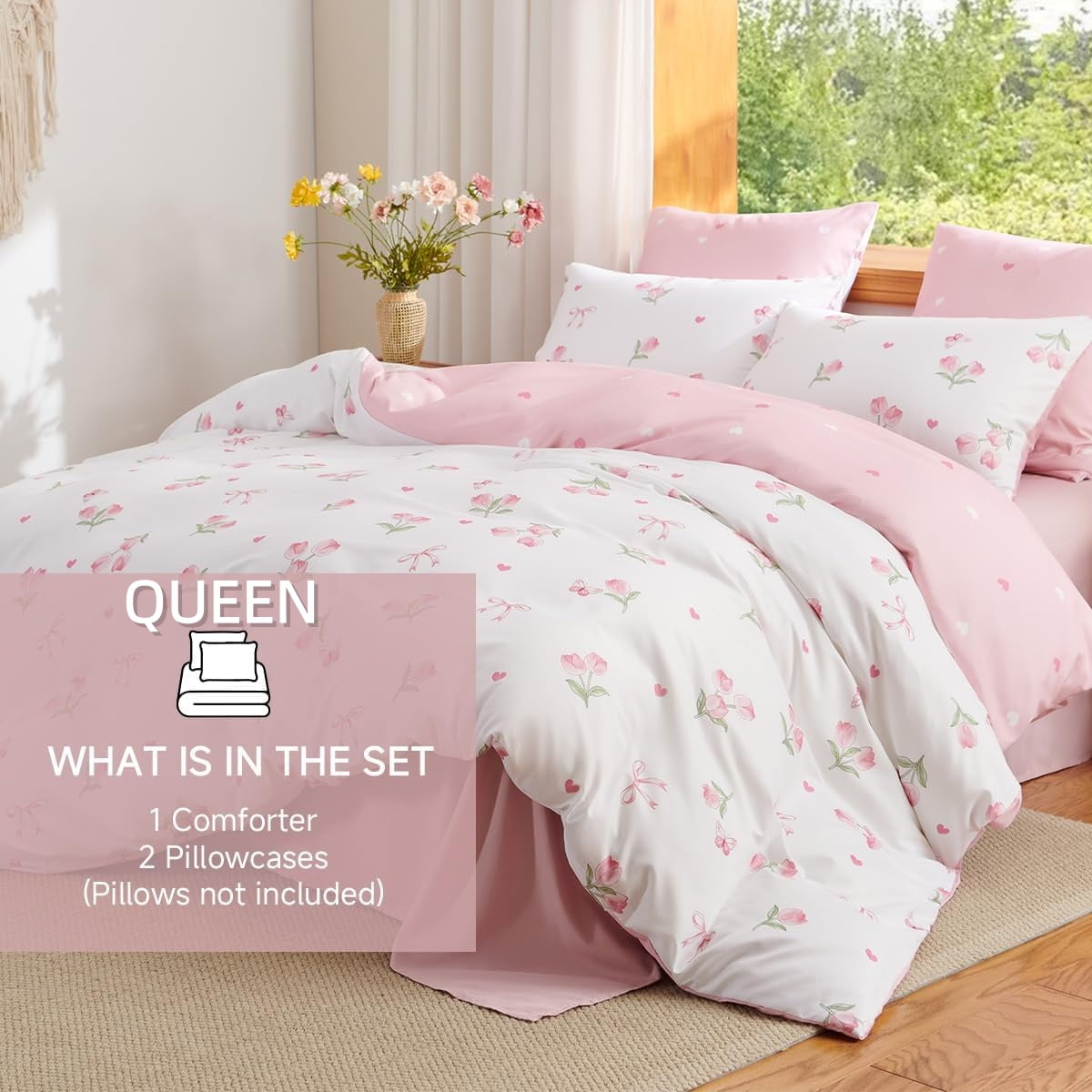 Heavyweight Warmth Pink Tulip Queen Comforter Set, 3-Piece Pink Flowers Reversible Soft Bedding Set or Adults All Season - Cloud-Like Soft Lightweight Bed Comforter Detail
