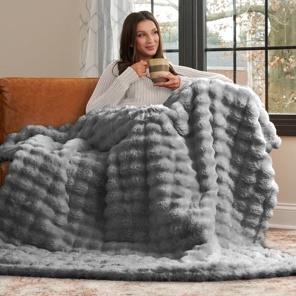Decorative Knitted Serenade Gray Textured Faux Fur Throw Blanket, 50 x 70 - Lightweight Plush Warm Blanket for All Seasons Detail