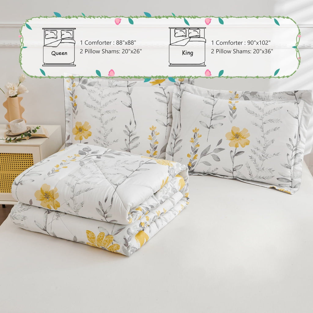 Luxurious Quilted 3 Piece Comforter Set Queen Yellow Floral Quilt Microfiber Patchwork Bedspread - Hypoallergenic Ultra-Fluffy Quilt for Winter Detail
