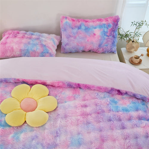 All-Season Faux Rabbit Fur Comforter Set Twin 3Pcs Girls Blue Purple Bedding Set Tie-Dyeing Soft Bed Comforter Set Warm Fuzzy Ki... - Cloud-Like Soft Lightweight Bed Comforter Detail