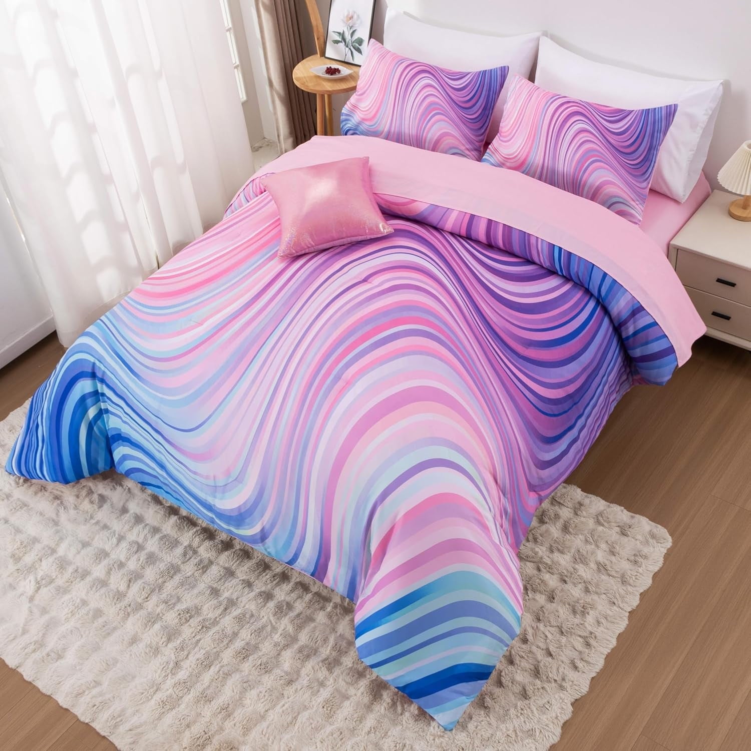 Heavyweight Warmth 6 Pieces Gradient Star Ring Comforter Set, Colorful Glitter Rainbow Wave Stripes Pattern Bedding Set for Boys Girls T... - Luxurious Quilted Duvet Cover Set Detail