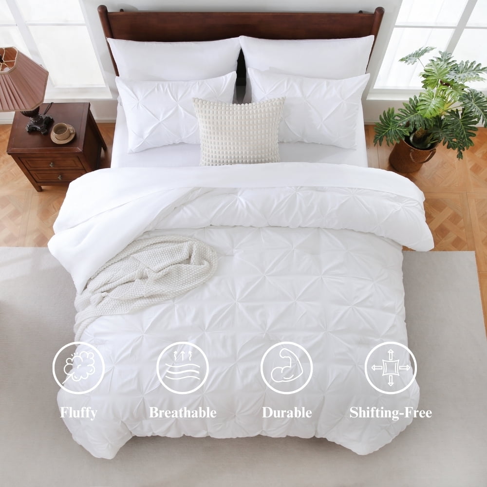 All-Season 7 Pieces Pinch-Pleated Comforter Set, White Queen Size - Luxurious Quilted Duvet Cover Set Detail