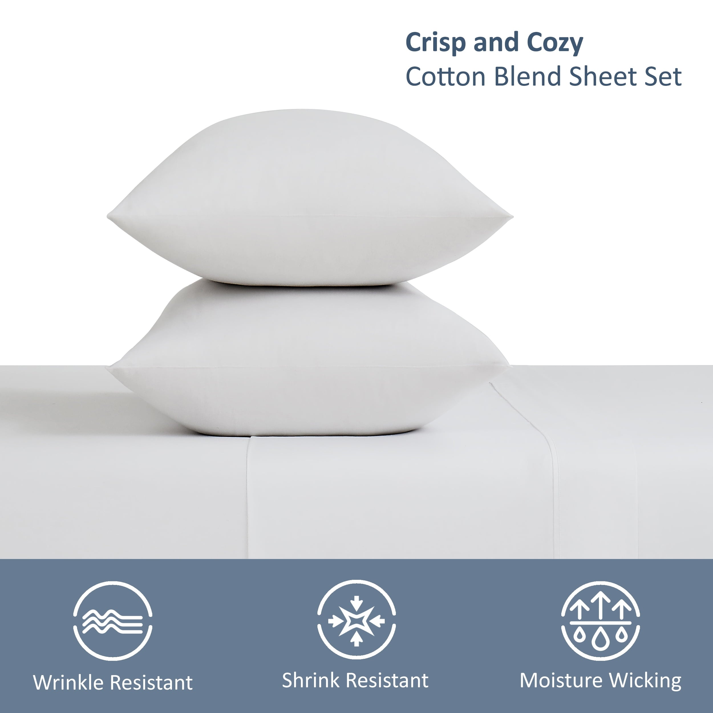 Breathable Luxury 4-Piece 300 Thread Count White Cotton Blend Percale Bed Sheet Set, Queen - Cooling Hotel Quality Bedding Sheets and Pillowcases Detail