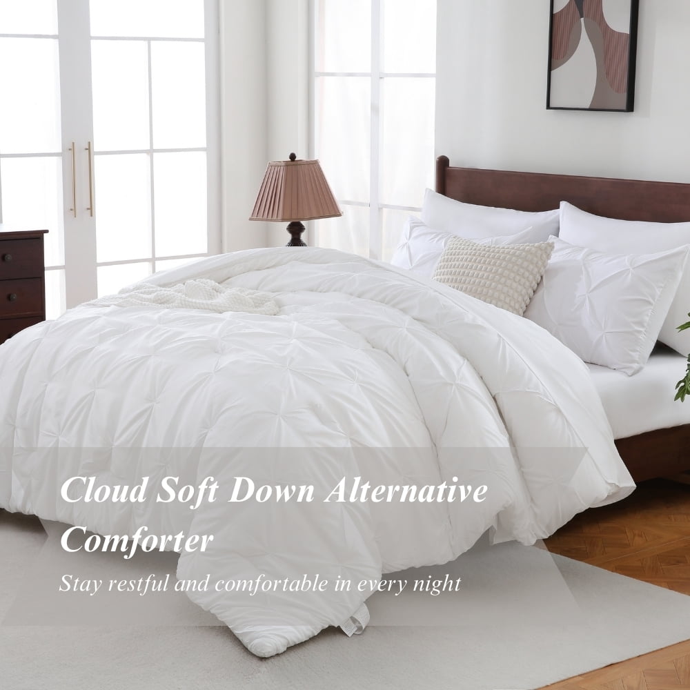All-Season 7 Pieces Pinch-Pleated Comforter Set, White Queen Size - Luxurious Quilted Duvet Cover Set Detail
