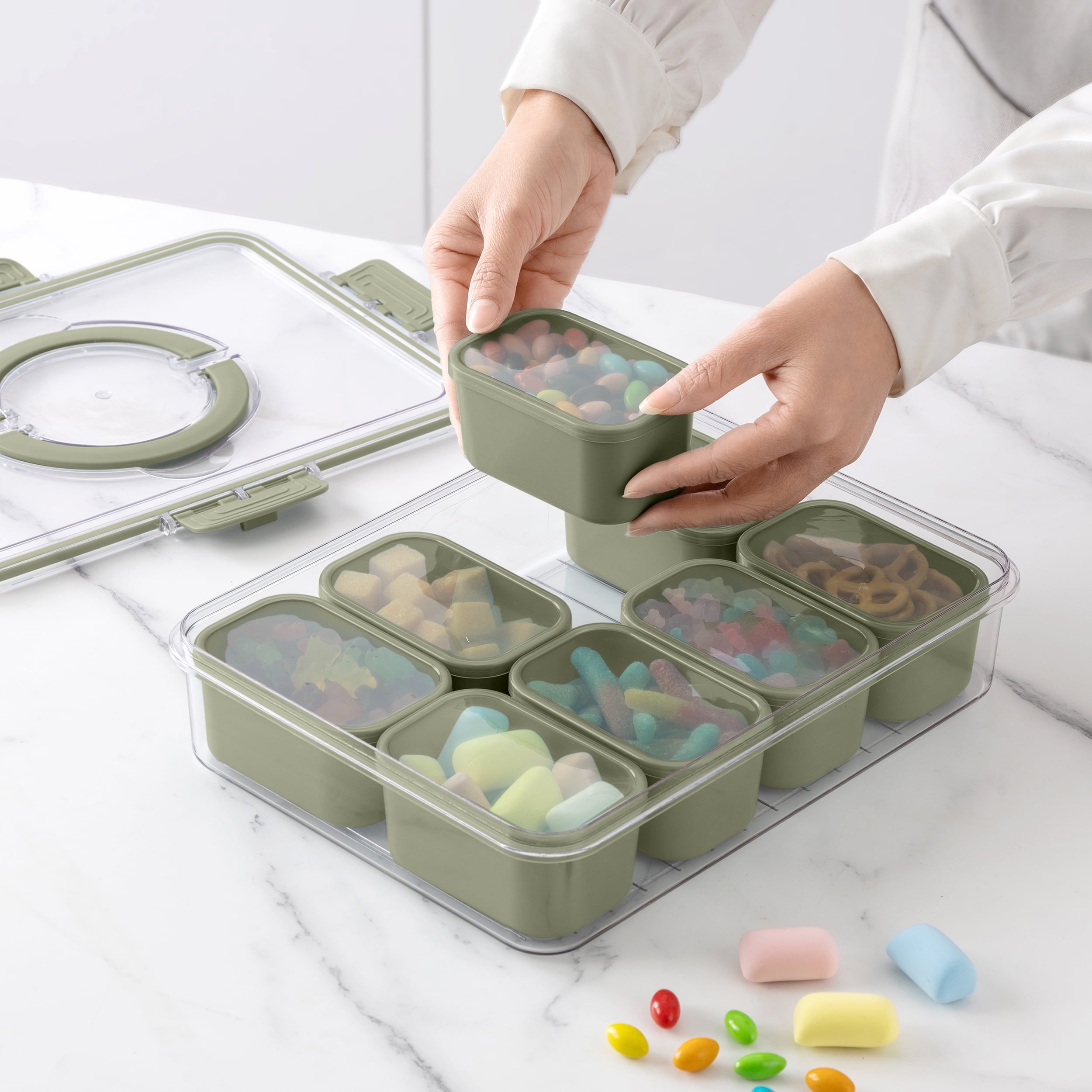 Sweet Treat Shaped 8-Compartment Snackle Box, Charcuterie and Snack Container, Divided Serving Tray with Lids and Handle, Dishwasher Saf... - Deliciously Soft Cupcake Sensory Glob Detail