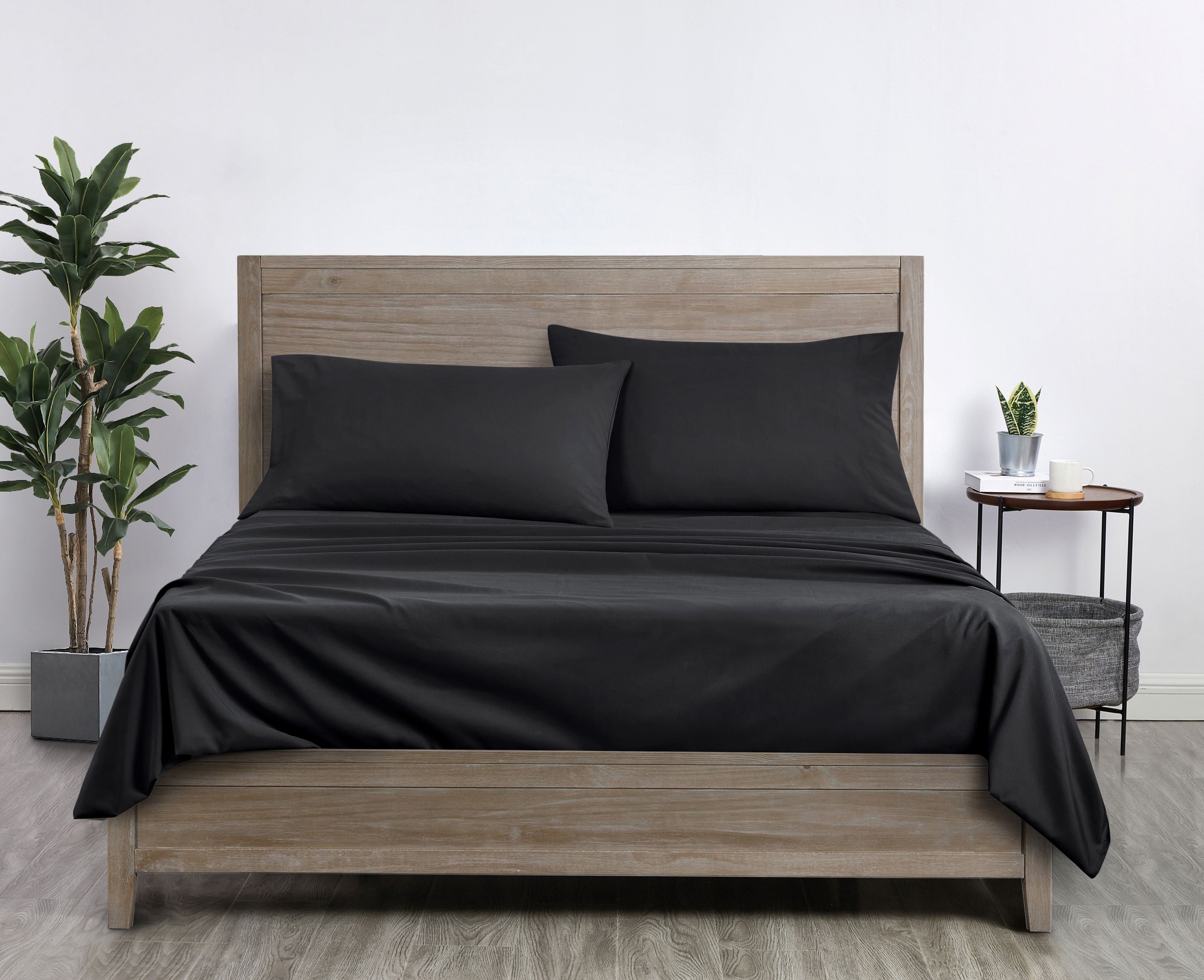 Cooling Sateen Microfiber Bed Sheet Set, Queen, Rich Black, 4 Piece - Luxury Bed Sheet Set with Deep Pockets Detail