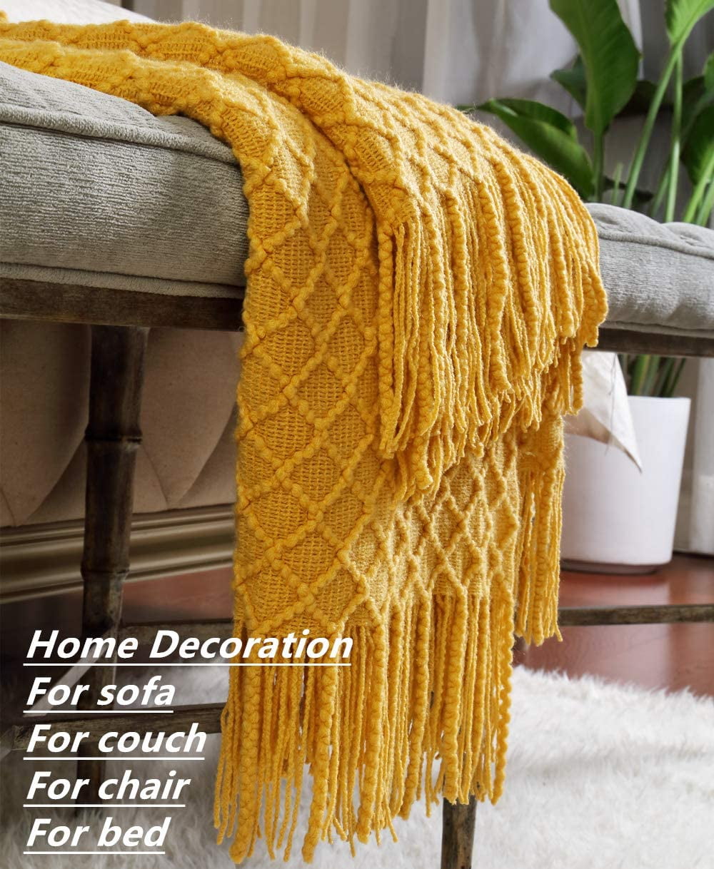 Reversible Sherpa Decorative Soft Spring Summer Fall Throw Blanket ,for Couch Sofa Chair Bed,50''X60'',Mustard Yellow - Luxury Knitted Decorative Throw Blanket with Fringes Detail