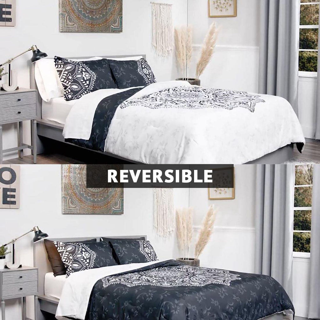 Luxurious Quilted Queen Comforter Set, Bedding Comforter Set Queen Size W/ Side Pockets, Black, 9 Pieces - Hypoallergenic Ultra-Fluffy Quilt for Winter Detail