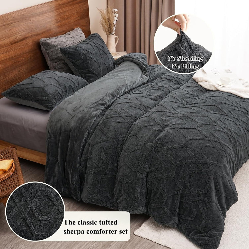 All-Season Warm Sherpa Fleece Queen Comforter Set, 3D Tufted Fluffy Dark Grey Bedding for Winter, Soft 3 Pieces Shaggy Bed Set, ... - All-Season Down Alternative Comforter Insert Detail